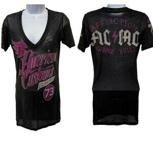 Affliction American Graphic Rhinestone Studded Speedway Burnout VNeck Tshirt Top